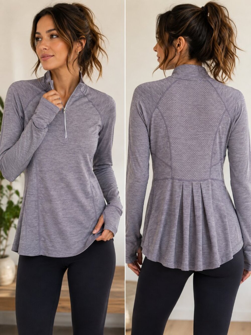 Women Lavender Athletic Half Zip Pullover Thumbhole Mesh Back Peplum Active Top